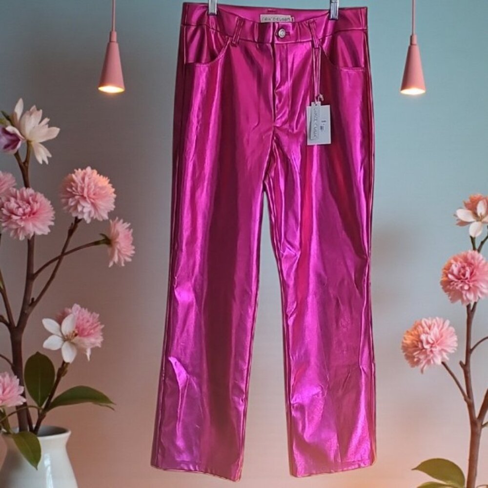 NWT Grace + Emma hot pink metallic pants vegan leather feel Size 8 high rise